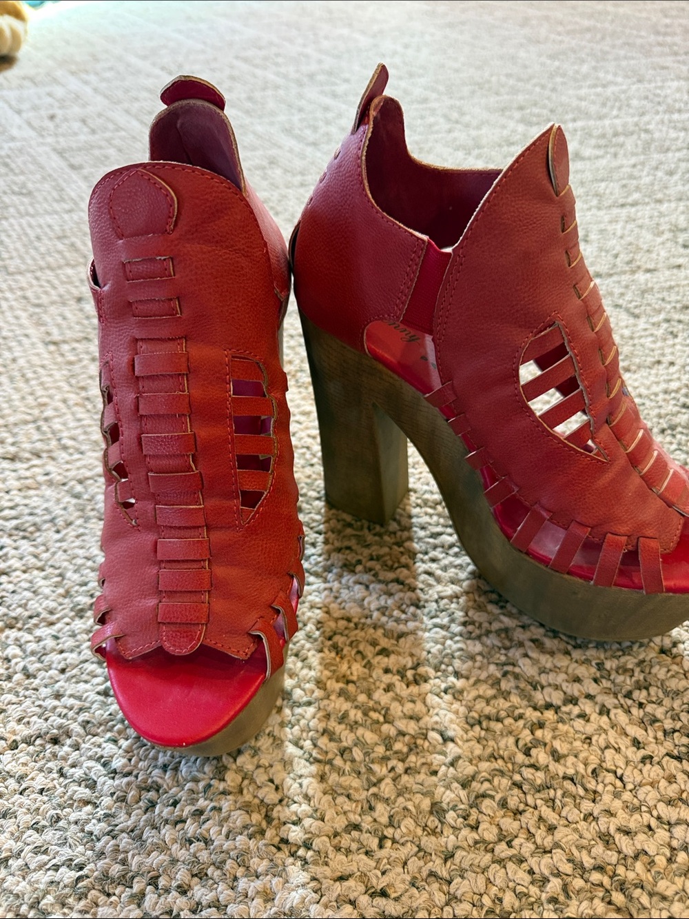 Penny Loves Kenny Red Woven Leather Platform Heels